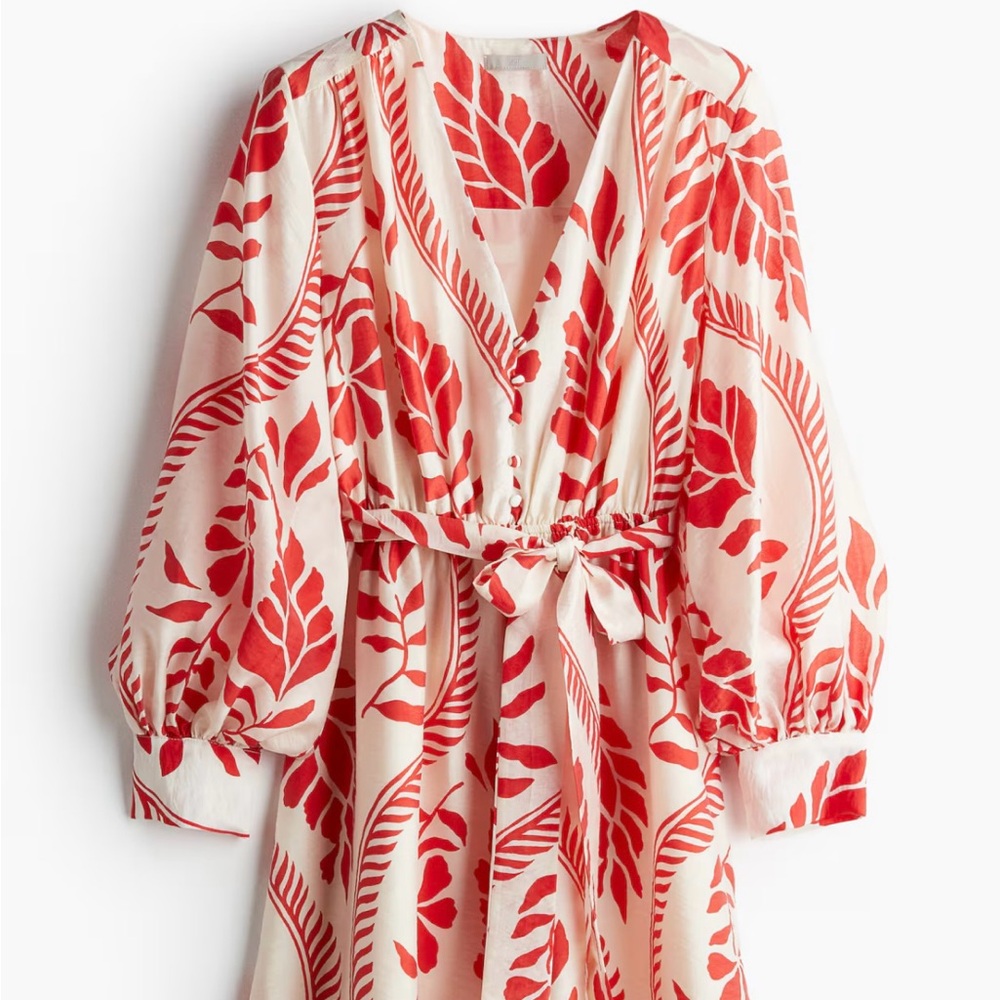 H&M Red and White Leaf Print Dress Long Sleeve Mini Dress
